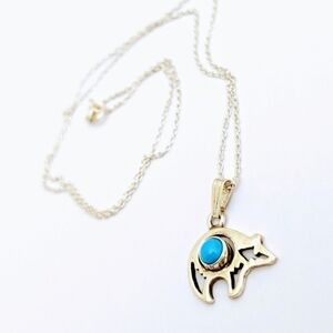 Native American Sterling Silver Turquoise Bear Pendant Necklace